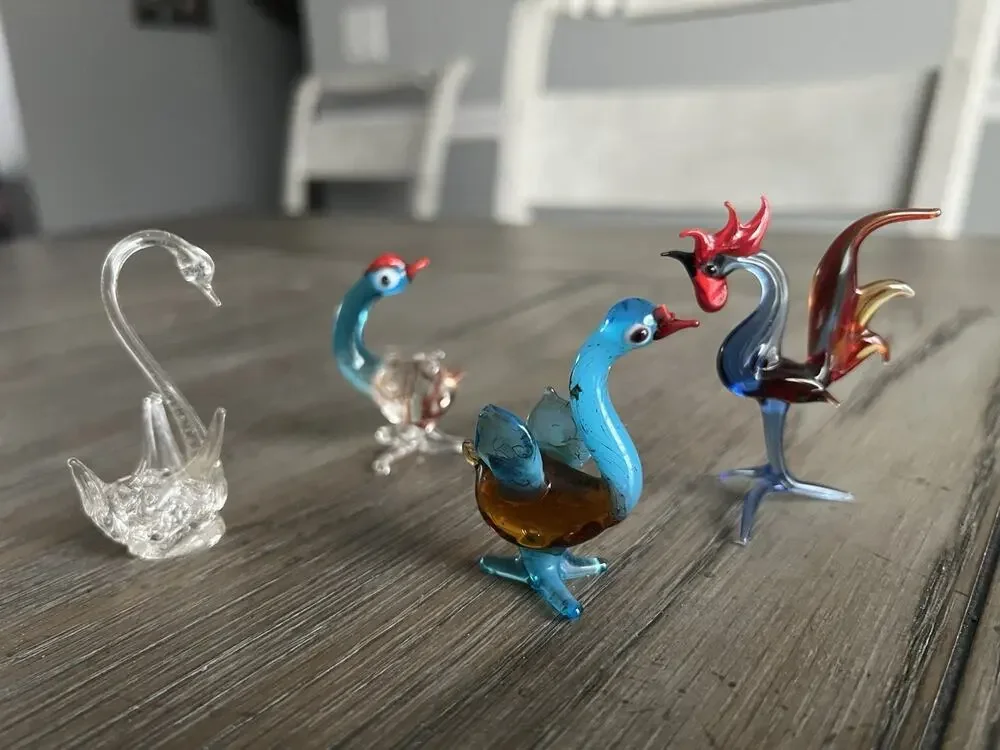 Hand Blown Glass Bird Figurines Swan, Ducks, & A Rooster Miniature Art Glass Set